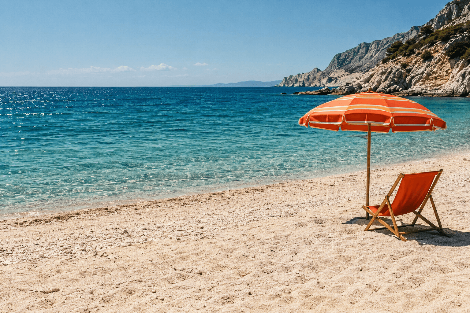 An empty orange beach chair under a striped parasol beside a clear Mediterranean sea